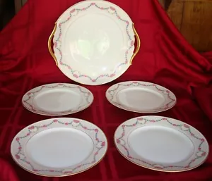 LIMOGES T.&V. ANTIQUE DESSERT SET, TRAY & 4 PLATES, ROSES & GOLD - Picture 1 of 9