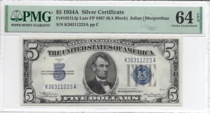 1934A $5 SILVER CERTIFICATE. PMG Choice Uncirculated 64 EPQ Late Face Plate #307 - Picture 1 of 5