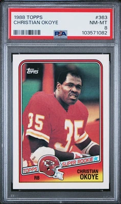 1988 Topps #363 Christian Okoye RC Super Rookie Chiefs PSA 8 NM-MT 1082 - Image 1 of 2