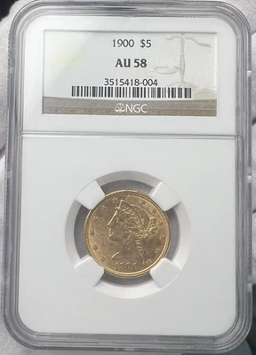 1900 年 P 版 5 美元黄金自由女神头半鹰 NGC AU58 美国硬币 — 第 1/4 张图片
