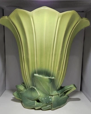 Vintage McCoy Green Ombre Flower Vase Fan Tulip Lily Cottagecore Art Deco 14" - Image 1 of 4