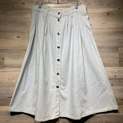 Falda midi vintage de mezclilla con botones delanteros Cherokee línea A bolsillos lavado claro talla 16 Foto 1 de 4