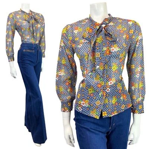 VINTAGE 60s 70s BLUE WHITE ORANGE CHECKED FLORAL PUSSYBOW SHEER BLOUSE 10 12 - Picture 1 of 7