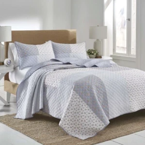 Tara Queen/Full Quilt Set w/shams Patchwork Blue Gray Pink White 3pc Comforter - Picture 1 of 4