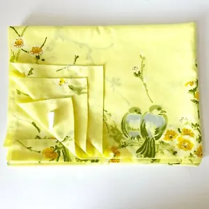 Vintage 60s Morgan Jones TWILITE Queen Flat Sheet Yellow Floral Love Birds USA - Picture 1 of 5