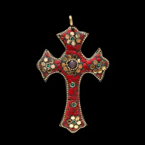 RED CORAL, ONYX & TURQUOISE GEMSTONE TIBATAN HANDMADE BOHO CROSS PENDANT 4.4'' - Picture 1 of 1