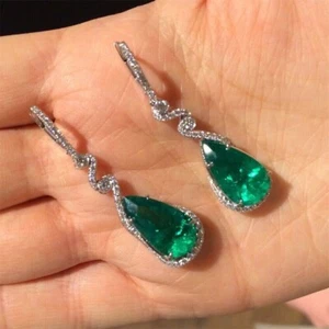 4Ct Pear Cut Lab-Created Emerald Drop & Dangle Earring 14K White Gold Plated - Picture 1 of 6