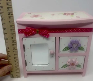 Wooden Jewelry Accessory Box With Mirrors Kids Girls Pink, Flower, 7” X 7” X 3” - Picture 1 of 12