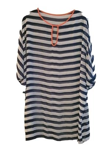 Womens Blue White Striped Sheer Cover up Polyester Beach Vacation - Picture 1 of 2