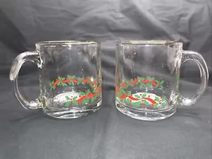 Vtg Libbey Arbys Christmas Holly Berry Glass Coffee Mug Gold Trim Set Of 2 - Picture 1 of 3