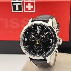 TISSOT PRC200 Watch Quartz Round Chronograph Men Black Leather Band 42mm SWISS - Picture 1 of 13