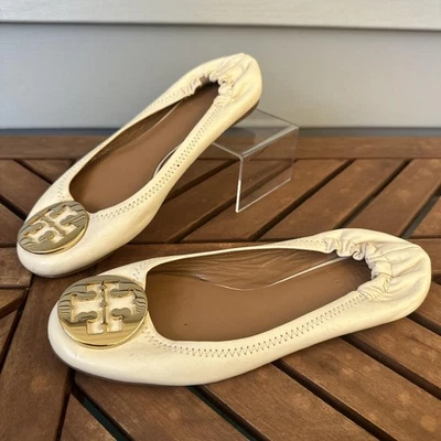 Tory Burch Reva Ballet Flats Womens Size 8 Cream Leather Gold Logo Slip On Shoes - Image 1 of 4