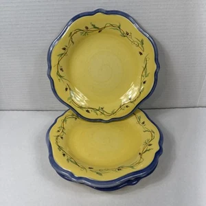 4er Set Vintage 9" Pfaltzgraff "Secrets of Pistoulet" gelb mit gewelltem blauem Rand - Bild 1 von 14