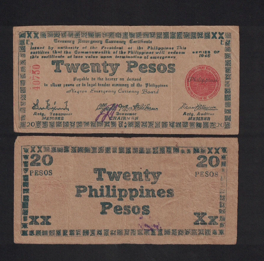 1945 20 Pesos Philippines Guerrilla Currency Negros Province Circulated - Image 1 of 1