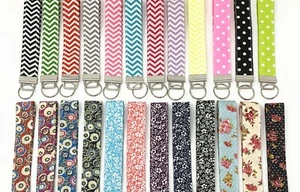 Chevron / Flower / Polka Dots pattern Fabric Neck Lanyard Key Fob keychain - Picture 1 of 84