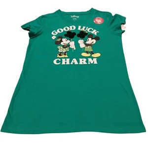 NWT Disney Good Luck Charm Girls XL 14/16 Mickey &Minnie Sequin T-shirt Green - Picture 1 of 7