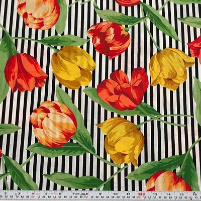 Florals Black & White Striped Mantero Cotton Fabric Remnant 17" x 44" - Image 1 of 2