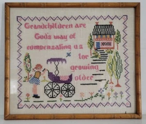 Vintage Embroidery Cross Stitch "Grandchildren Are God's Way" Framed Wall Art - Picture 1 of 2