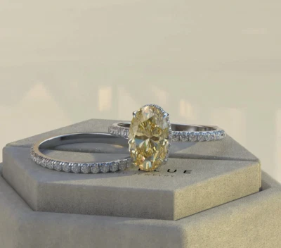 14k White Gold 3TCW Oval Lab Grown Vivid Yellow & Diamond Hidden Halo 14k Gold - image 1 of 4