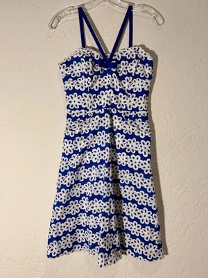 Betsey Johnson Blue White Floral Cotton Dress Women’s 2 Sweetheart Bow Party - Image 1 of 4