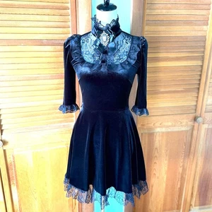 Dolls Kill Ladyhawke schwarz Samt hochgeschlossen Kamee Kleid - Bild 1 von 13