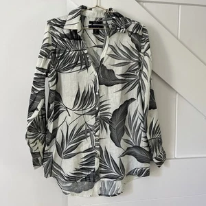 Tahari 100% Linen Women’s Shirt Roll Tab Sleeves Button Up Floral Vacation Beach - Picture 1 of 12