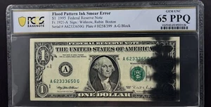 “FLOOD PATTERN INK SMEAR ERROR” 1995 $1 FRN, Fr. 1921-A, GEM UNC 65 PPQ - Picture 1 of 4