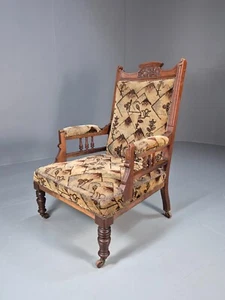 Antique Mahogany Library Chair Beige Geometric Fabric Edwardian EB9703 VCAR - Picture 1 of 19