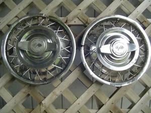 TWO 13 INCH VINTAGE CHEVROLET CORVAIR WIRE SPINNERS HUBCAPS WHEEL COVERS CHEVY - Picture 1 of 10
