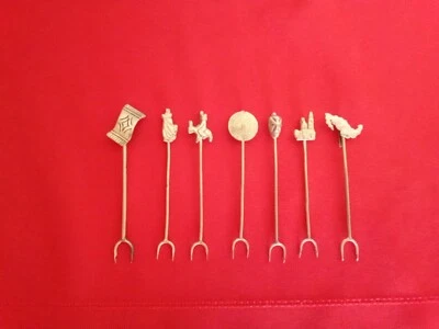 Conjunto antigo de 7 garfos de prata esterlina Taxco garfos de azeitona mexicanos 3" - Imagem 1 de 4