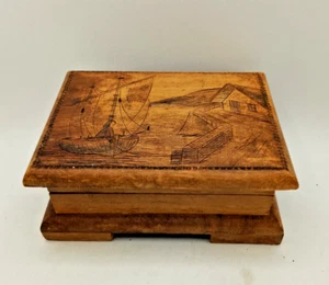Vintage Small Wooden Box, Hand Carved Jewellery/Trinket Box with Fishing Scene - Picture 1 of 13