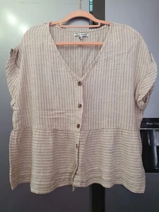 Next Beige Stiped Peplum Top Button Front UK16 EU44 US12 V-Neck Blouse Womens - Picture 1 of 8