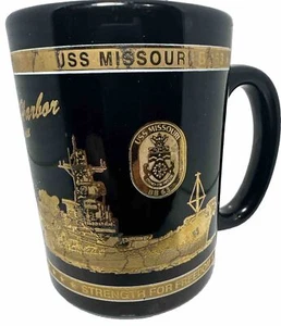 USS Missouri Coffee Mug Black Gold Pearl Harbour Mighty MO Strength For Freedom - Picture 1 of 6