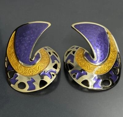 "Pendientes para mujer Edgar Berebi perforados tono dorado metal púrpura esmalte amarillo 2""" Foto 1 de 4