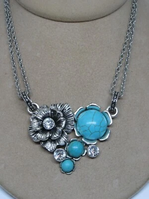 Collar Gargantilla Cadena Doble Hilo Turquesa Estrás Flor Tono Plata Foto 1 de 4