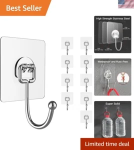 Polished Stainless Steel Hooks - Waterproof, Rustproof, Clear Adhesive 10 Pack - Picture 1 of 11