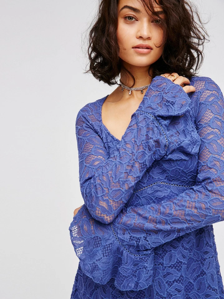 NUEVO VESTIDO BABYDOLL FREE PEOPLE $148 MINERAL PÚRPURA AZUL CIELOS ENCAJE TALLA XS Foto 1 de 4
