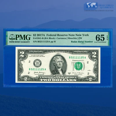 2017A FRN $2 New York, Fancy Quad Radar Serial Numbers 52111125, PMG 65 EPQ - Image 1 of 2