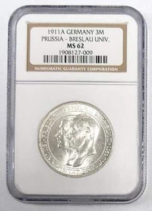 1911 A Germany 3 Mark Prussia Breslau University NGC MS 62 - Picture 1 of 3