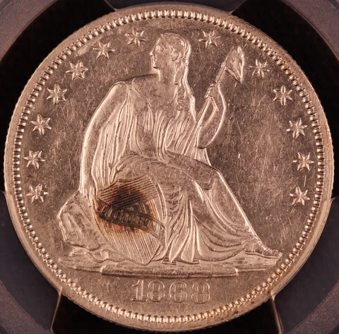1868 50C Seated Liberty Half Dollar PCGS AU55 Cover
