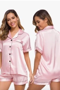 Womens Pink Silk Satin Pajamas Set Size XXL  Two-piece Pj Sets Sleepwear New - Picture 1 of 7