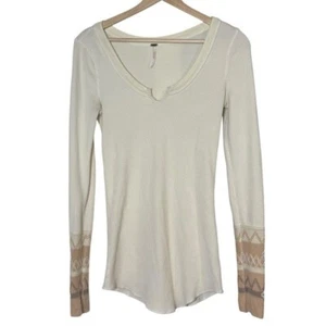 Free People Kombucha Embroidered Cuff Long Sleeve Thermal Waffle Knit Top Size M - Picture 1 of 11