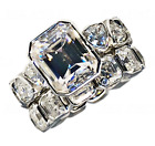 Bezel Emerald Cut Diamond Simulated Engagement Ring Set 14k White Gold Silver Ct