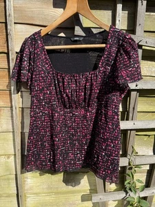 Woman M&S UK 16 Babydoll Top Pink Black Empire Waist Lined Stretchy Short Sleeve - Picture 1 of 13