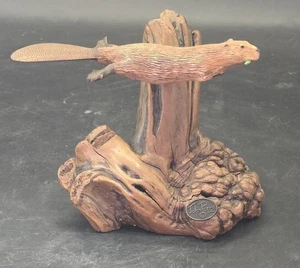 John Perry Studio Beaver Ebonite On Burl Wood Art Sculpture Figurine - Picture 1 of 10