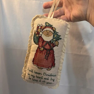 Handmade Needlepoint Christmas Ornament Santa Teddy Bear & Quote 4x7” Stuffed - Picture 1 of 6
