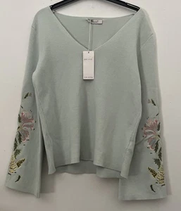 Per Una Mint Green 100% Cotton V. Neck Sweater With Embroided Arms Size Uk 12 - Picture 1 of 10