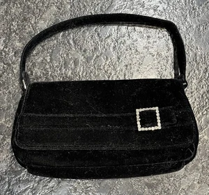 Abito vintage in velluto nero pochette elegante borsa da sera decorazione strass - Foto 1 di 7