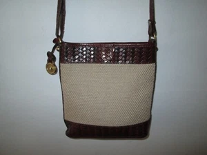 Vtg BRAHMIN Beige Woven Canvas + Brown Herringbone Leather Crossbody Bag Purse - Picture 1 of 5