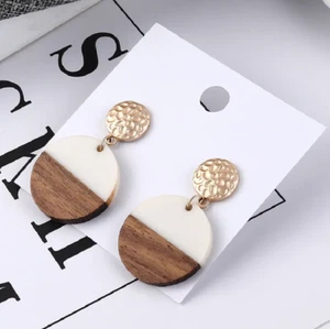White Wooden Geometric Earrings - Round Circle Acrylic Resin Lightweight Wood - Picture 1 of 4